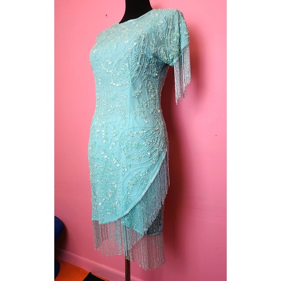 Vintage 1980's does 20's Silk Beaded Turquoise Asymmetrical Fringe Dress - Picture 7 of 10